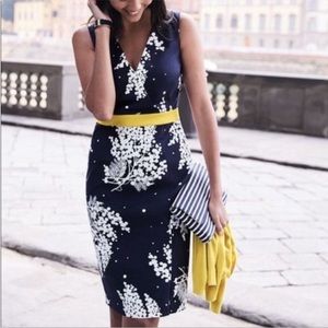 Boden Navy and White Floral Dress with Yellow Accents